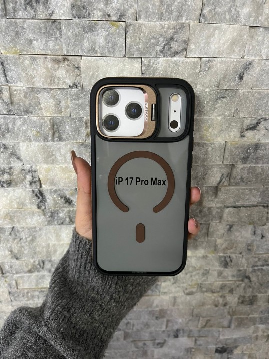 İPhone 17 Pro Max Uyumlu Kahverengi MagSafe Standlı Kılıf – Lens Çerçeveli
