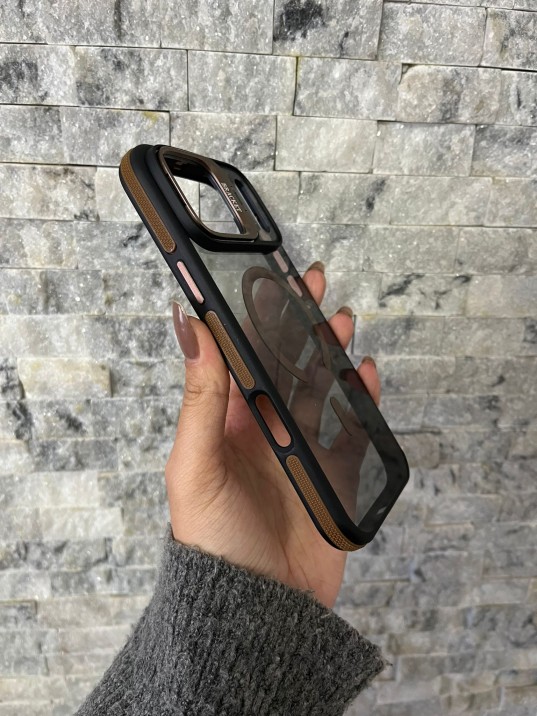İPhone 17 Pro Max Uyumlu Kahverengi MagSafe Standlı Kılıf – Lens Çerçeveli