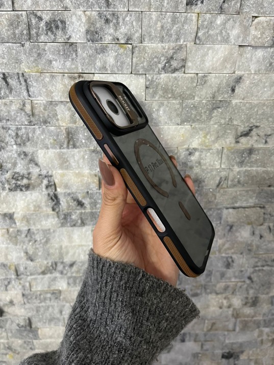 İPhone 17 Pro Max Uyumlu Kahverengi MagSafe Standlı Kılıf – Lens Çerçeveli