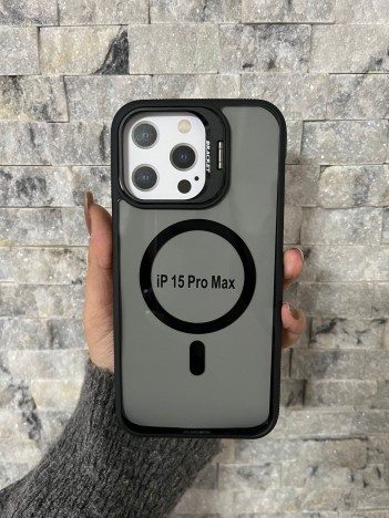 İPhone 15 Pro Max Uyumlu Siyah MagSafe Standlı Kılıf – Lens Çerçeveli