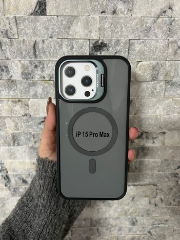 İPhone 15 Pro Max Uyumlu Gri MagSafe Standlı Kılıf – Lens Çerçeveli