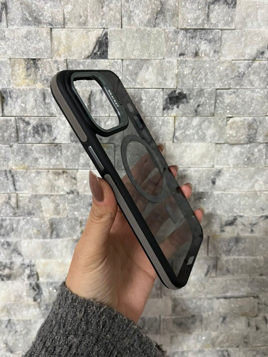 İPhone 15 Pro Max Uyumlu Gri MagSafe Standlı Kılıf – Lens Çerçeveli