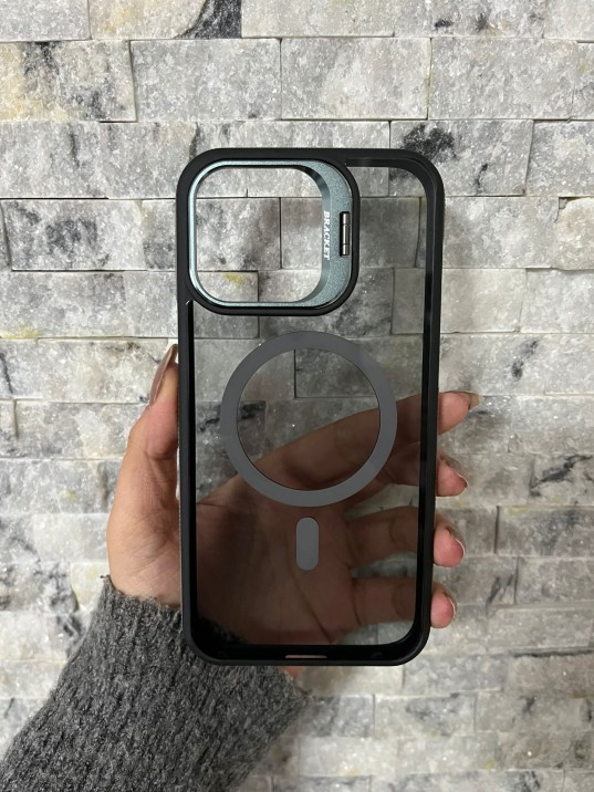 İPhone 15 Pro Max Uyumlu Gri MagSafe Standlı Kılıf – Lens Çerçeveli