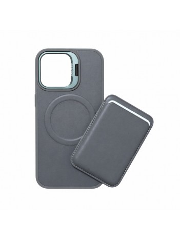 iPhone 15 Pro Uyumlu Gri Kartlıklı MagSafe Standlı Kılıf