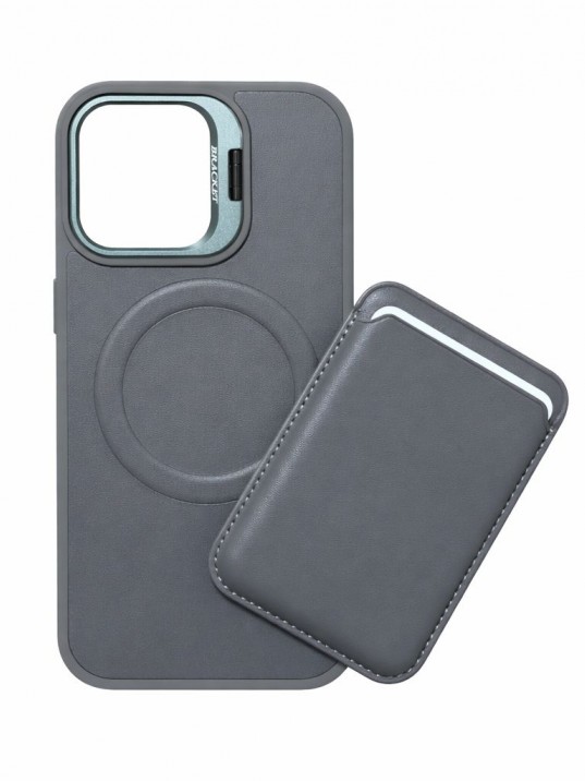 iPhone 15 Pro Uyumlu Gri Kartlıklı MagSafe Standlı Kılıf