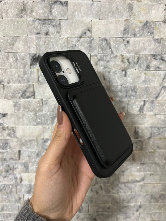 İPhone 16 Uyumlu Siyah Kartlıklı MagSafe Standlı Kılıf