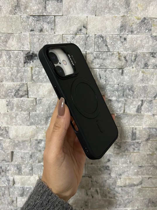 İPhone 16 Uyumlu Siyah Kartlıklı MagSafe Standlı Kılıf