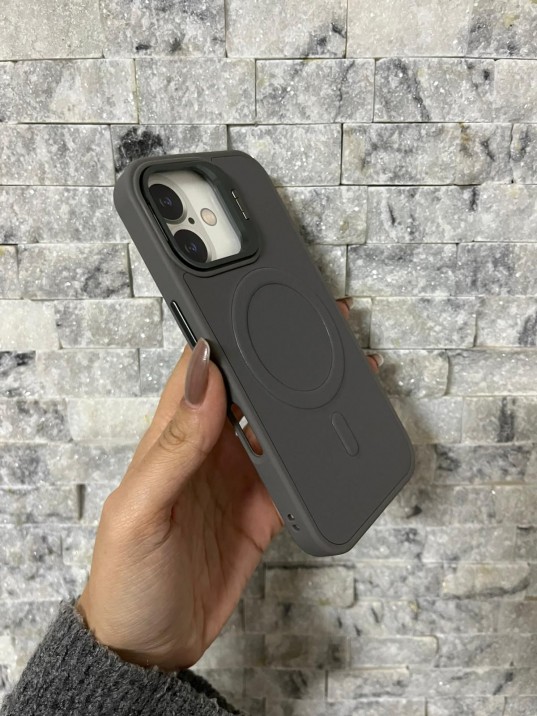 İPhone 16 Uyumlu Gri Kartlıklı MagSafe Standlı Kılıf