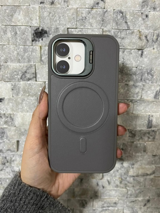 İPhone 16 Uyumlu Gri Kartlıklı MagSafe Standlı Kılıf