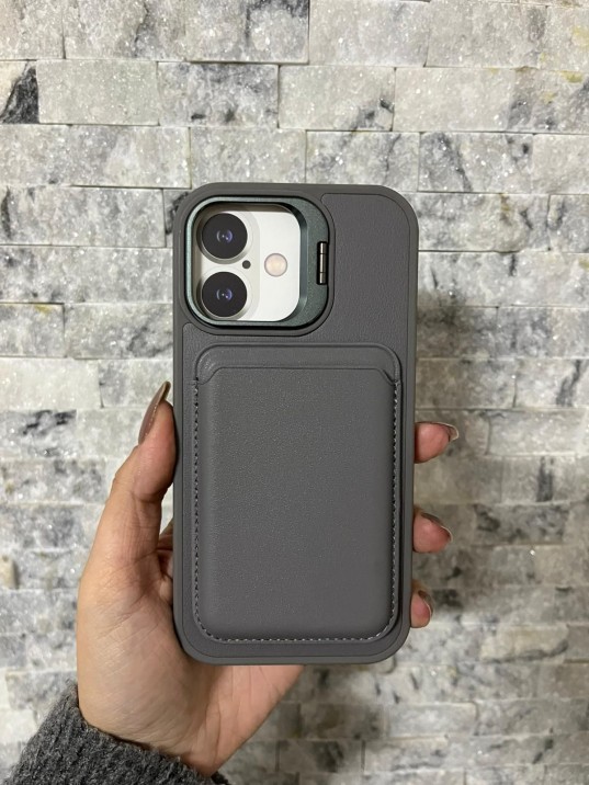 İPhone 16 Uyumlu Gri Kartlıklı MagSafe Standlı Kılıf