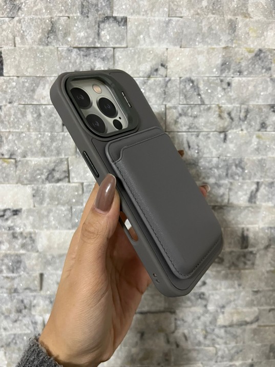 İPhone 16 Pro Uyumlu Gri Kartlıklı MagSafe Standlı Kılıf