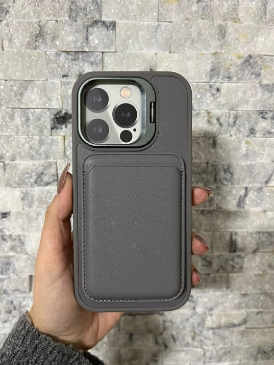 İPhone 16 Pro Uyumlu Gri Kartlıklı MagSafe Standlı Kılıf