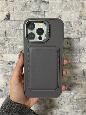İPhone 16 Pro Max Uyumlu Gri Kartlıklı MagSafe Standlı Kılıf