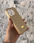 İPhone 15 Pro Swarovski Taşlı Gold Kılıf