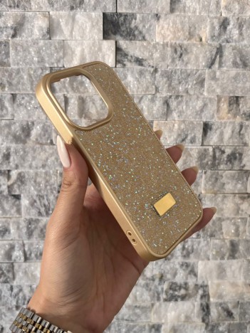 İPhone 15 Pro Swarovski Taşlı Gold Kılıf