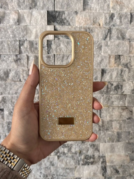 İPhone 15 Pro Swarovski Taşlı Gold Kılıf