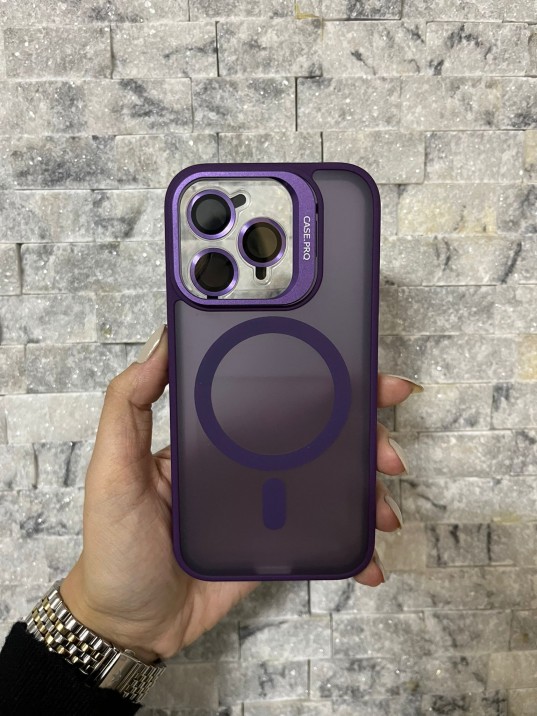 İPhone 15 Pro Uyumlu Mor MagSafe Standlı Lens Korumalı Case Pro Kılıf