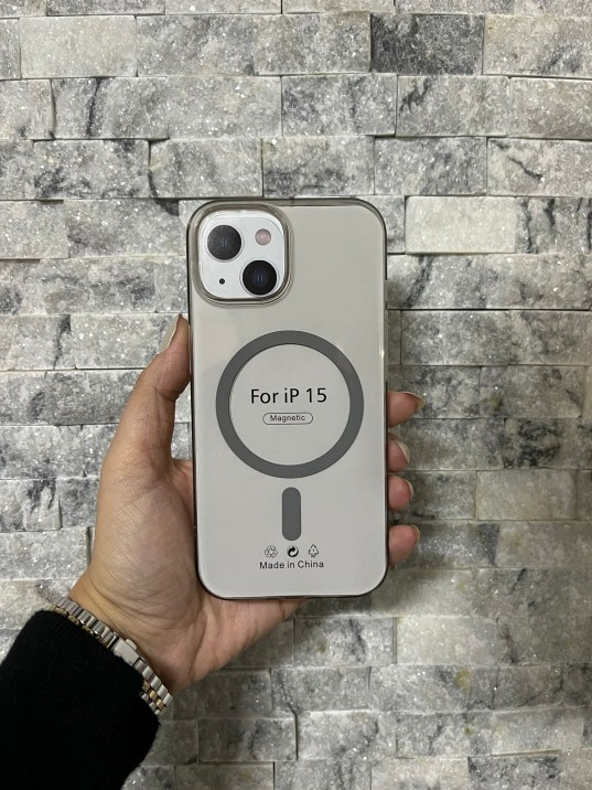İPhone 15 Uyumlu Gri Sert Şeffaf MagSafe Premium Kılıf