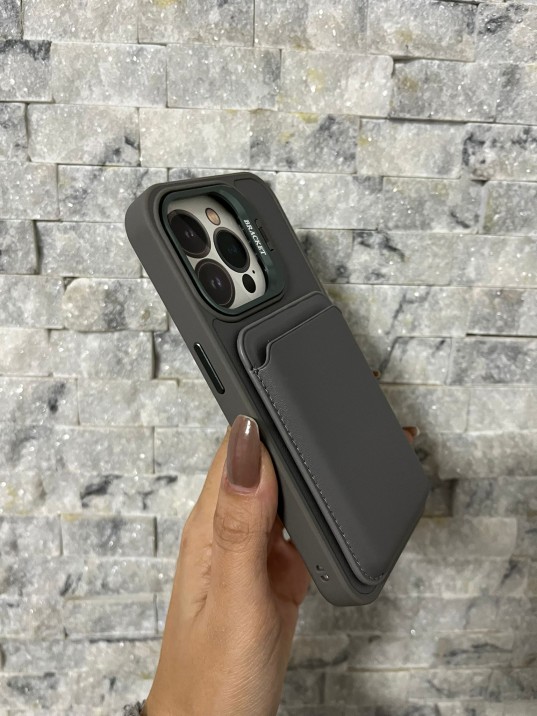 İPhone 15 Pro Uyumlu Gri Kartlıklı MagSafe Standlı Kılıf