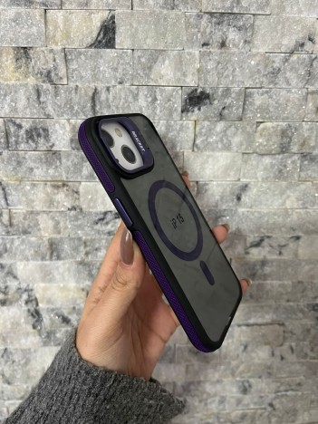 İPhone 15 Uyumlu Mor MagSafe Standlı Kılıf – Lens Çerçeveli
