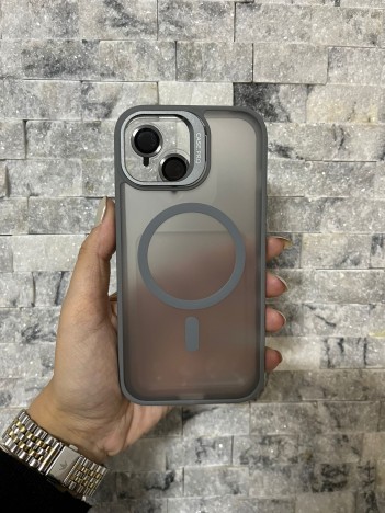İPhone 15 Uyumlu Gri MagSafe Standlı Lens Korumalı Case Pro Kılıf