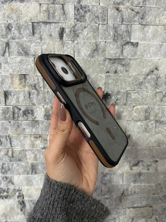 İPhone 17 Pro Uyumlu Kahverengi MagSafe Standlı Kılıf – Lens Çerçeveli