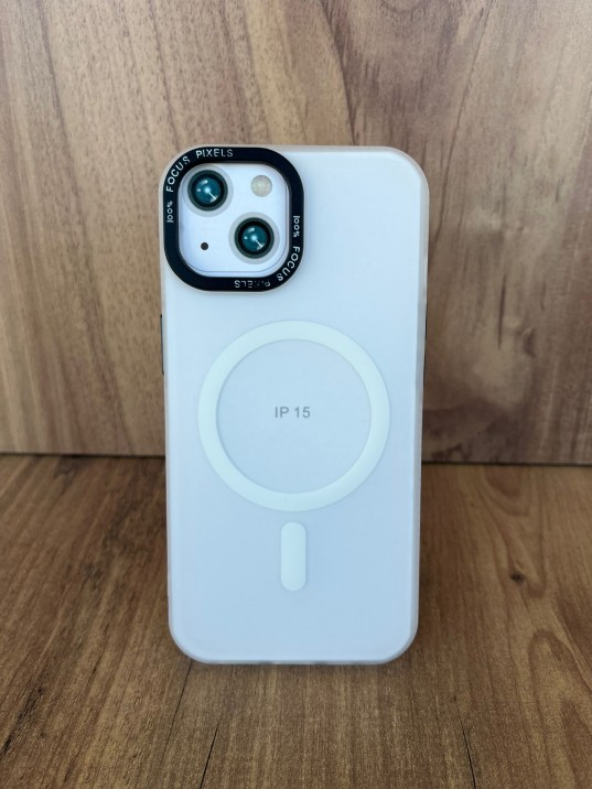 İPhone 15 Uyumlu Buzlu Beyaz MagSafe Kılıf – Lens Çerçeveli Premium Koruma