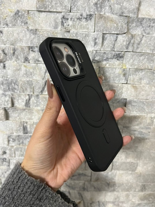 İPhone 15 Pro Uyumlu Siyah Kartlıklı MagSafe Standlı Kılıf