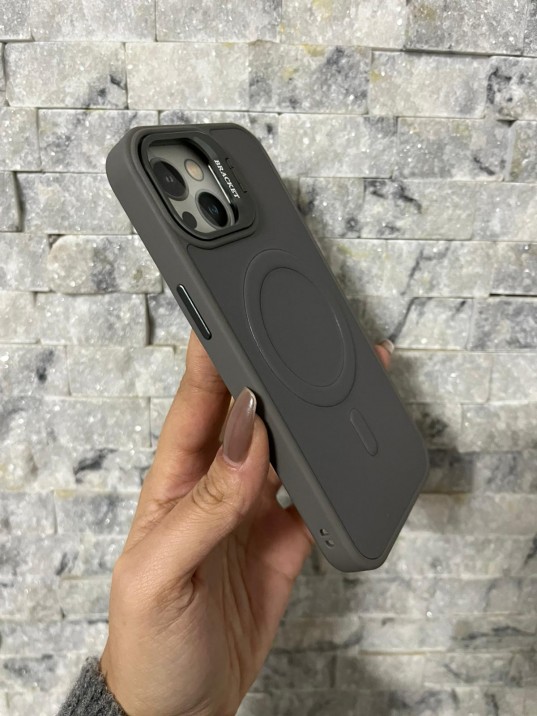 İPhone 15 Uyumlu Gri Kartlıklı MagSafe Standlı Kılıf
