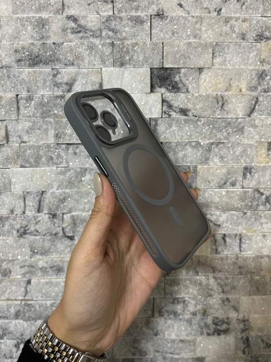 İPhone 15 Pro Uyumlu Gri MagSafe Standlı Lens Korumalı Case Pro Kılıf