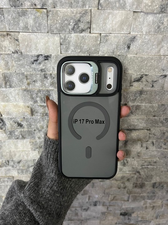 İPhone 17 Pro Max Uyumlu Gri MagSafe Standlı Kılıf – Lens Çerçeveli