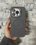 İPhone 15 Pro Uyumlu Gri Kartlıklı MagSafe Standlı Kılıf