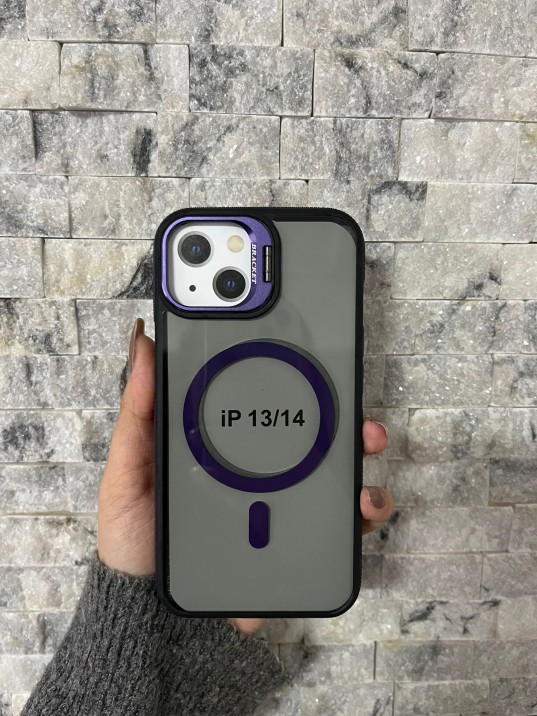 İPhone 13 / 14 Uyumlu Mor MagSafe Standlı Kılıf – Lens Çerçeveli
