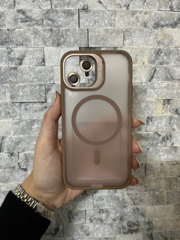 İPhone 12 Uyumlu Kahverengi MagSafe Standlı Lens Korumalı Case Pro Kılıf