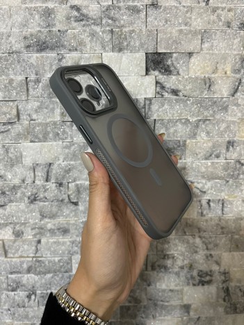 İPhone 15 Pro Max Uyumlu Gri MagSafe Standlı Lens Korumalı Case Pro Kılıf