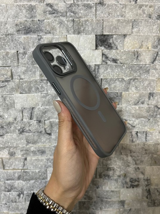 İPhone 15 Pro Max Uyumlu Gri MagSafe Standlı Lens Korumalı Case Pro Kılıf