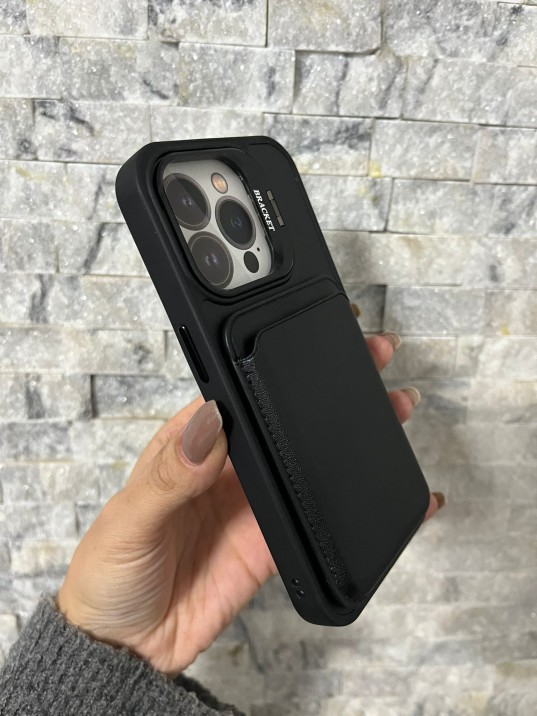 İPhone 15 Pro Uyumlu Siyah Kartlıklı MagSafe Standlı Kılıf