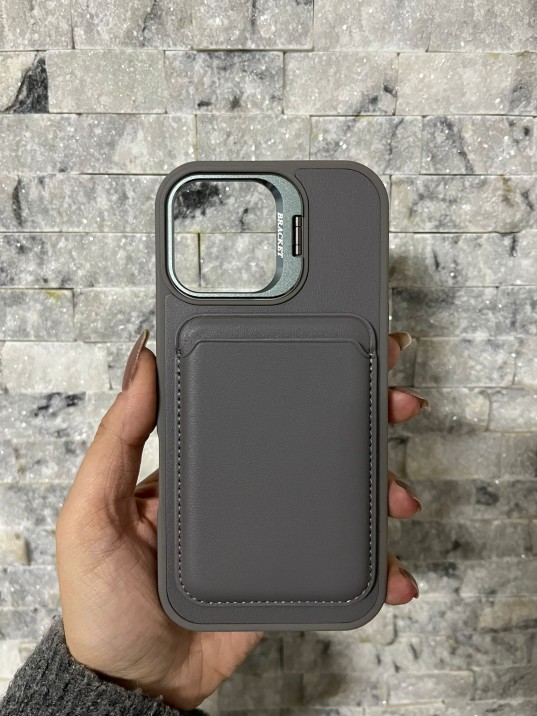 İPhone 17 Uyumlu Gri Kartlıklı MagSafe Standlı Kılıf