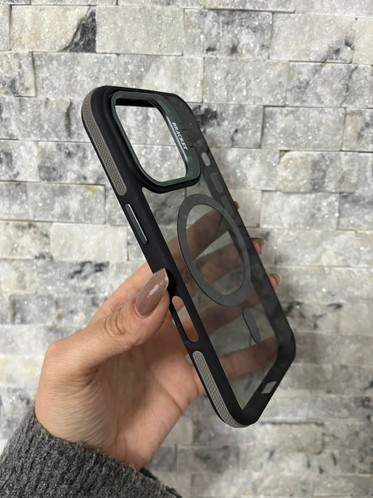 İPhone 16 Pro Uyumlu Gri MagSafe Standlı Kılıf – Lens Çerçeveli