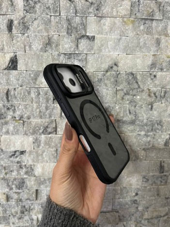 İPhone 17 Pro Uyumlu Siyah MagSafe Standlı Kılıf – Lens Çerçeveli
