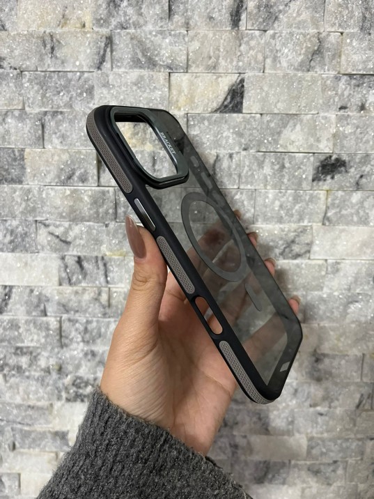 İPhone 16 Pro Max Uyumlu Gri MagSafe Standlı Kılıf – Lens Çerçeveli