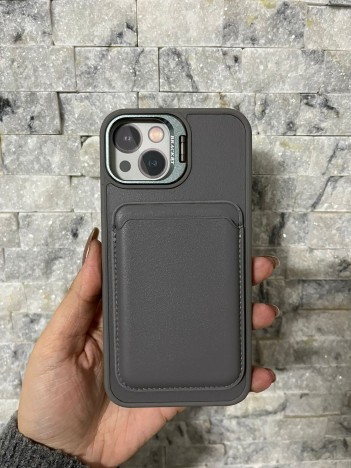 İPhone 13 / 14 Uyumlu Gri Kartlıklı MagSafe Standlı Kılıf