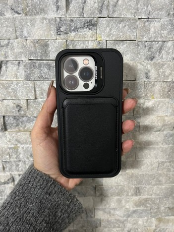 İPhone 15 Pro Uyumlu Siyah Kartlıklı MagSafe Standlı Kılıf