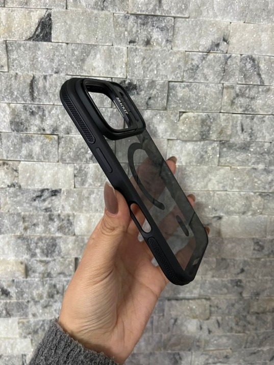 İPhone 17 Pro Uyumlu Siyah MagSafe Standlı Kılıf – Lens Çerçeveli