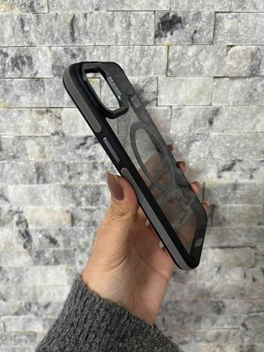 İPhone 13 / 14 Uyumlu Gri MagSafe Standlı Kılıf – Lens Çerçeveli