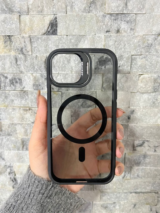 İPhone 15 Uyumlu Siyah MagSafe Standlı Kılıf – Lens Çerçeveli