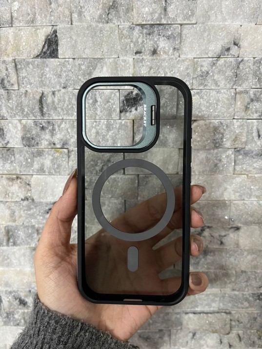 İPhone 16 Pro Uyumlu Gri MagSafe Standlı Kılıf – Lens Çerçeveli