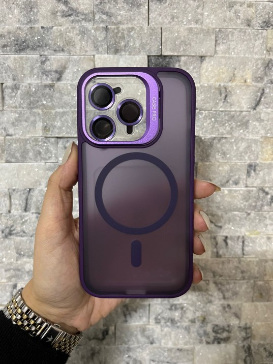 İPhone 14 Pro Uyumlu Mor MagSafe Standlı Lens Korumalı Case Pro Kılıf