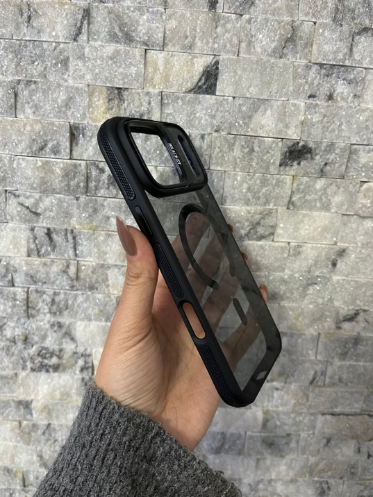 İPhone 17 Pro Max Uyumlu Siyah MagSafe Standlı Kılıf – Lens Çerçeveli