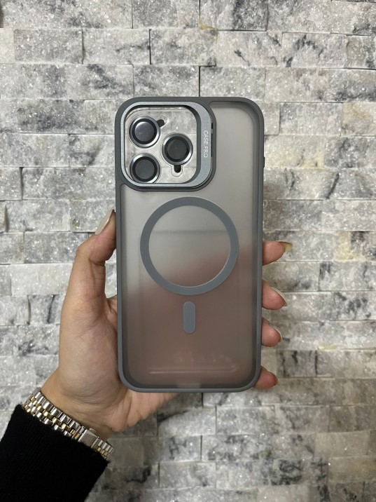 İPhone 15 Pro Max Uyumlu Gri MagSafe Standlı Lens Korumalı Case Pro Kılıf